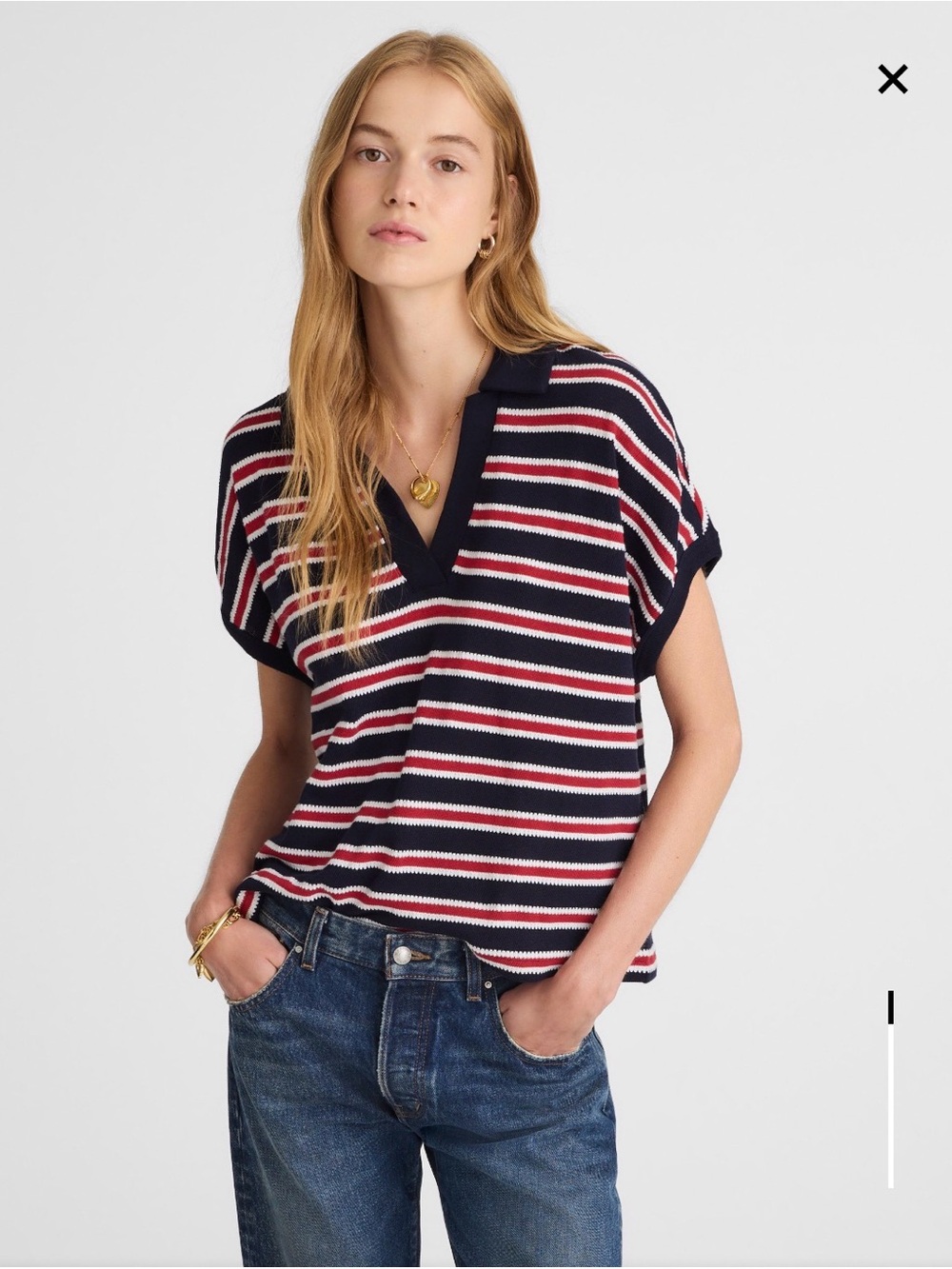 Madewell Navy, White & Red Striped V-Neck Polo Sweater